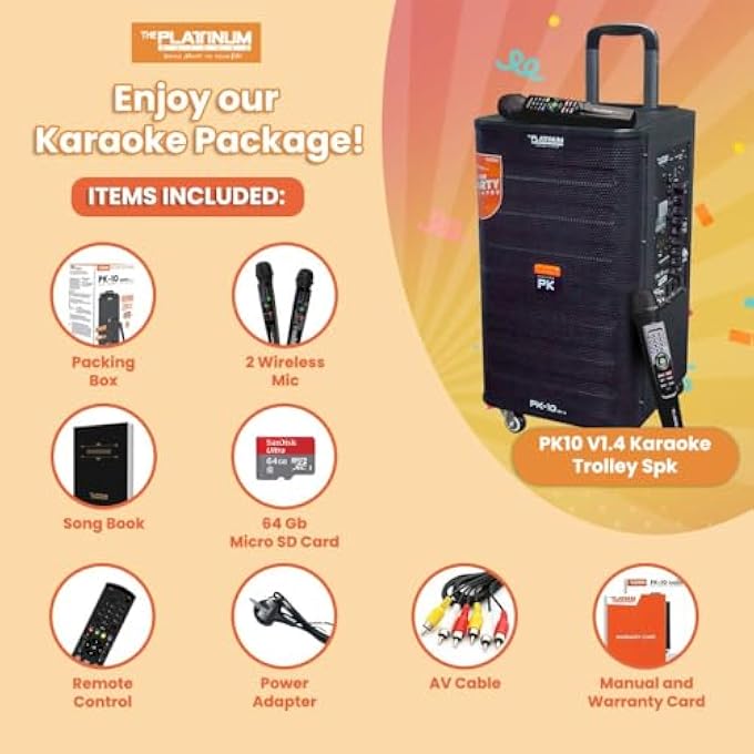 Platinum PK10 TROLLY SPK & PARTY JUKEBOX PA SYSTEM WITH 2 W/L MIC HUGE SONG LIBRARY 23K ENGLISH &FILIPINO SONGS INBUIILD & RECHARGEABLE 5/6 HOURS BATTERY BACKUP - Image 4